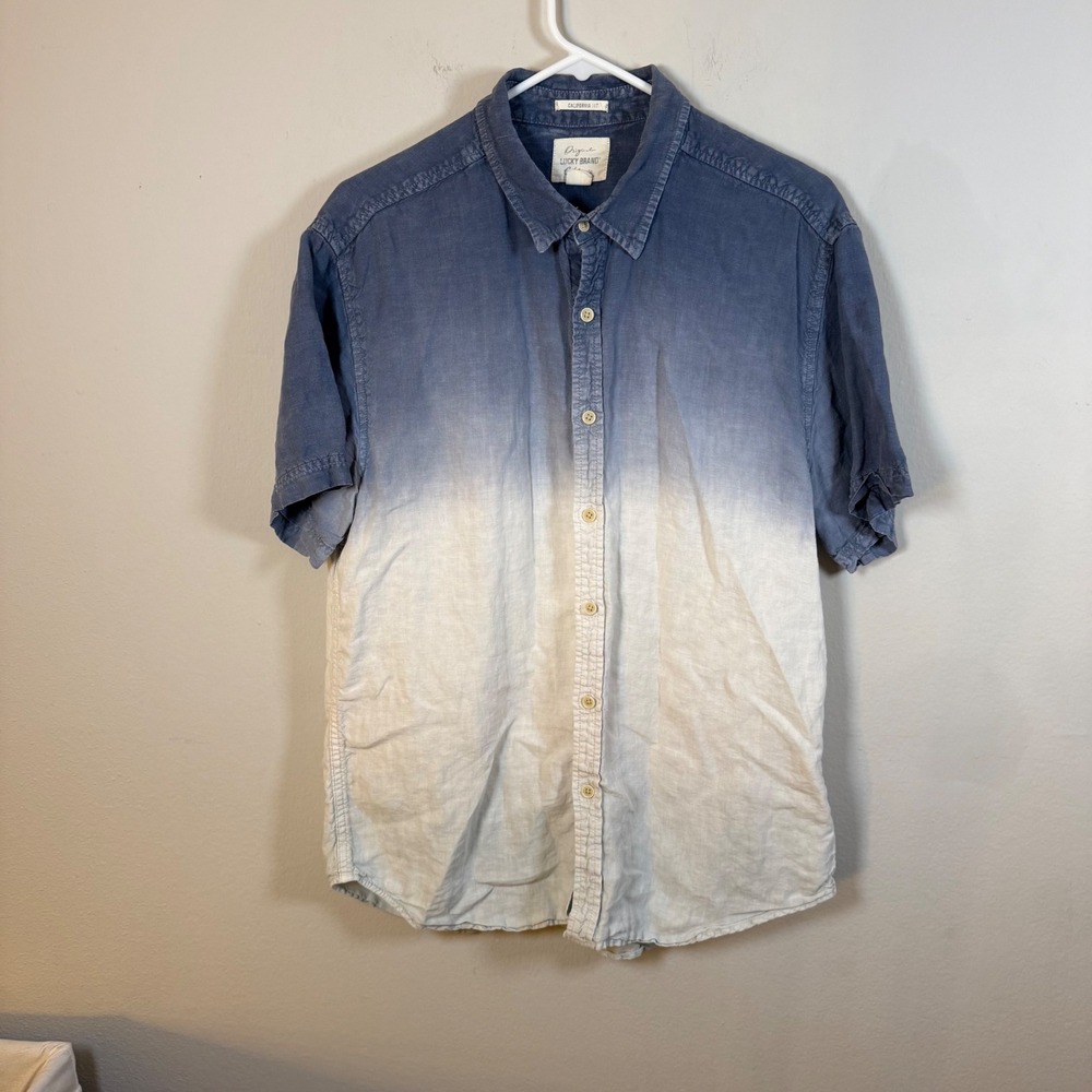 Lucky Brand‎ Mens Linen Ombre Dip Dye Short Sleeve Button Down Shirt Blue Large
